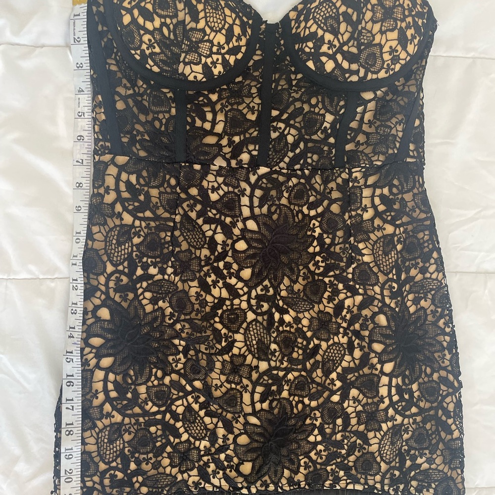 Size 12/XL MISS CIRCLE Black Lace Long Fringed Strapless Dress NEW with Tags